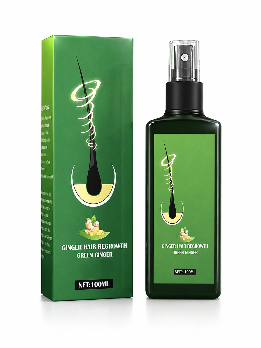foto de la presentación de Green Ginger - Spray Estimulante Capilar. aceite  a base de jengibre que actúa como un estimulante de crecimiento capilar mediante su fórmula que actúa en el folículo de cabello, nutr tiendolo y haciendo que crezca más brillante y fuerte