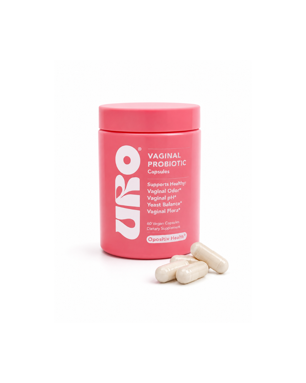 imagen de producto uro probioticos vaginales, frasco color rosa con letras blancas y capsulas del producto junto a bote